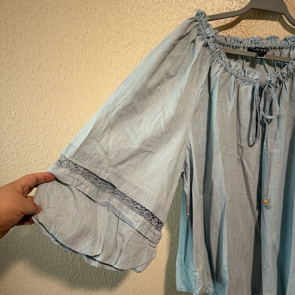 Lauren Ralph Lauren Black Label Chambray Lace Trim Boho Blouse Size 2X Plus Size - Picture 5 of 8